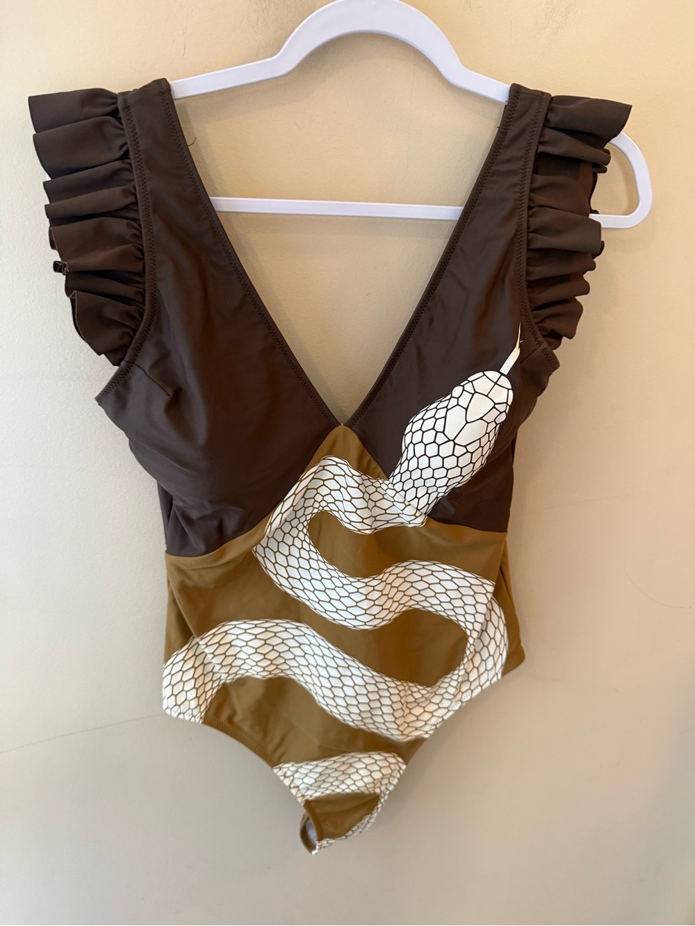 Averie Corina Plunge One Piece Snake Print Olive Brown Ruffle Swimsuit L - Picture 1 of 7